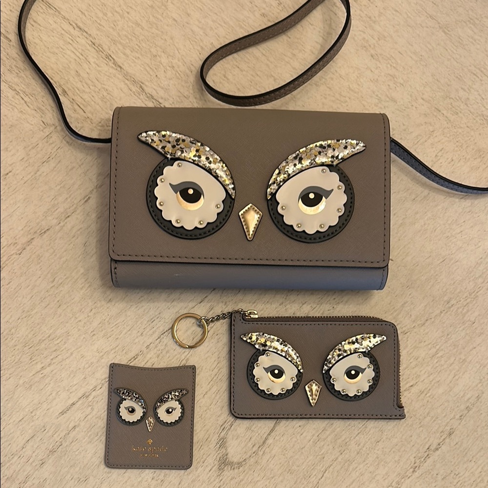 NWOT Kate Spade Gray Owl Crossbody Bag Set